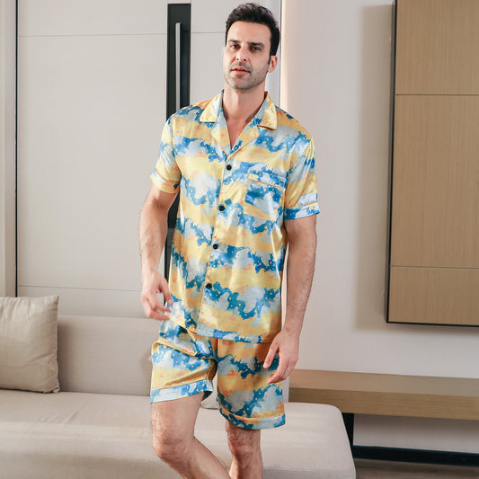 Men's  Silk Pajama Set Short Top & short Pants  Loungewear-KJ4047-M