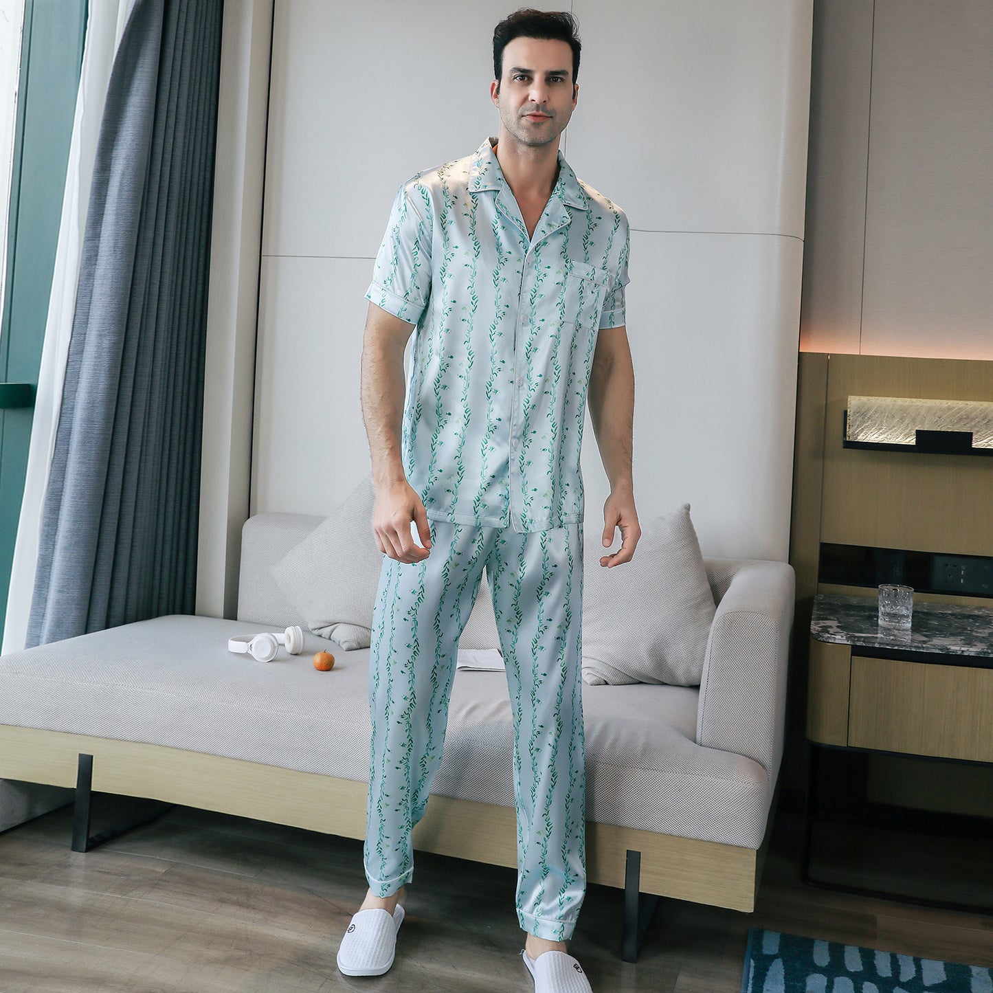 Men's Silky Satin Pajama Set Short Top Classic Sleepwear with Long Pants-KJ5012-M