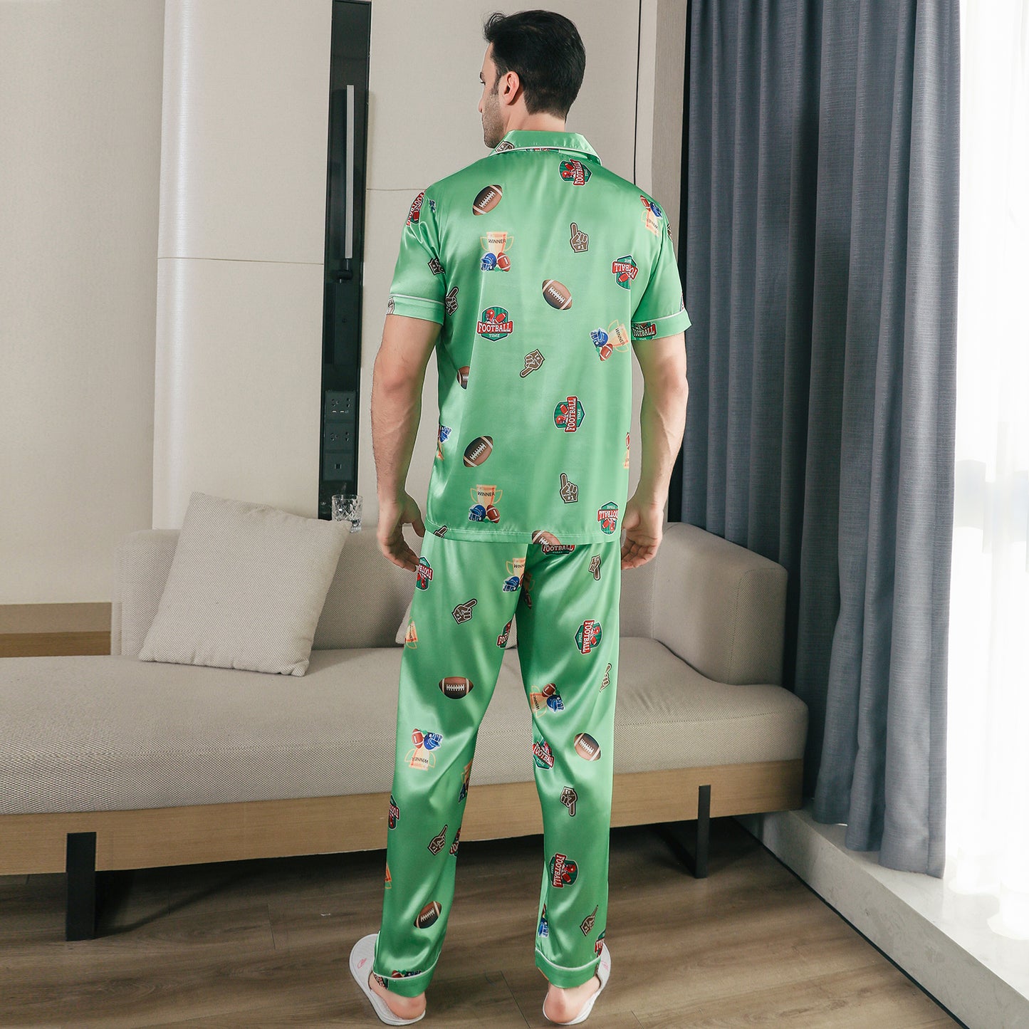 Men Satin Pajamas Set Short Sleeve & Long Pants Sleepwear with Pockets-KJ5042-M