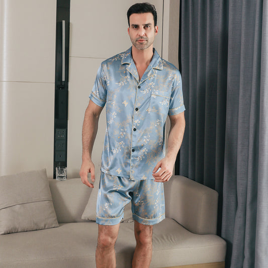 Men Satin Pajamas Set Short Sleeve & short Pants Sleepwear with Pockets-KJ4039-M