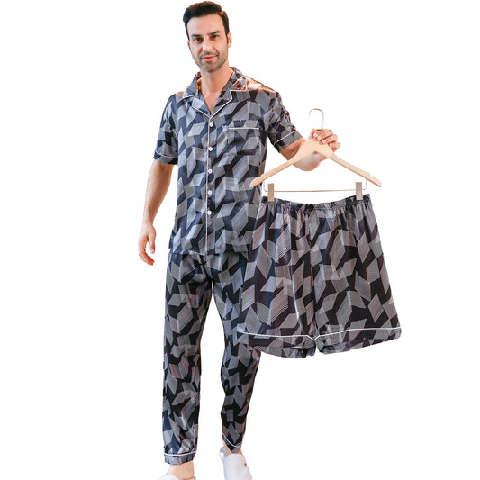 Mens Silky Pajamas Set 3 Pieces Nightwear-KJ6002-M