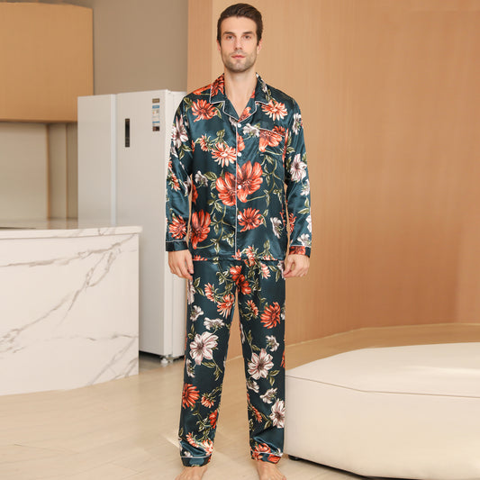Men Satin Pajamas Set Long Sleeve & Long Pants Sleepwear with Pockets-KJ2032-M
