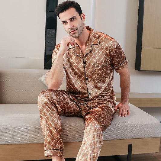 Men's Classic Silk Pajama Set Short Top & Long Pants Button Loungewear-KJ5046-M