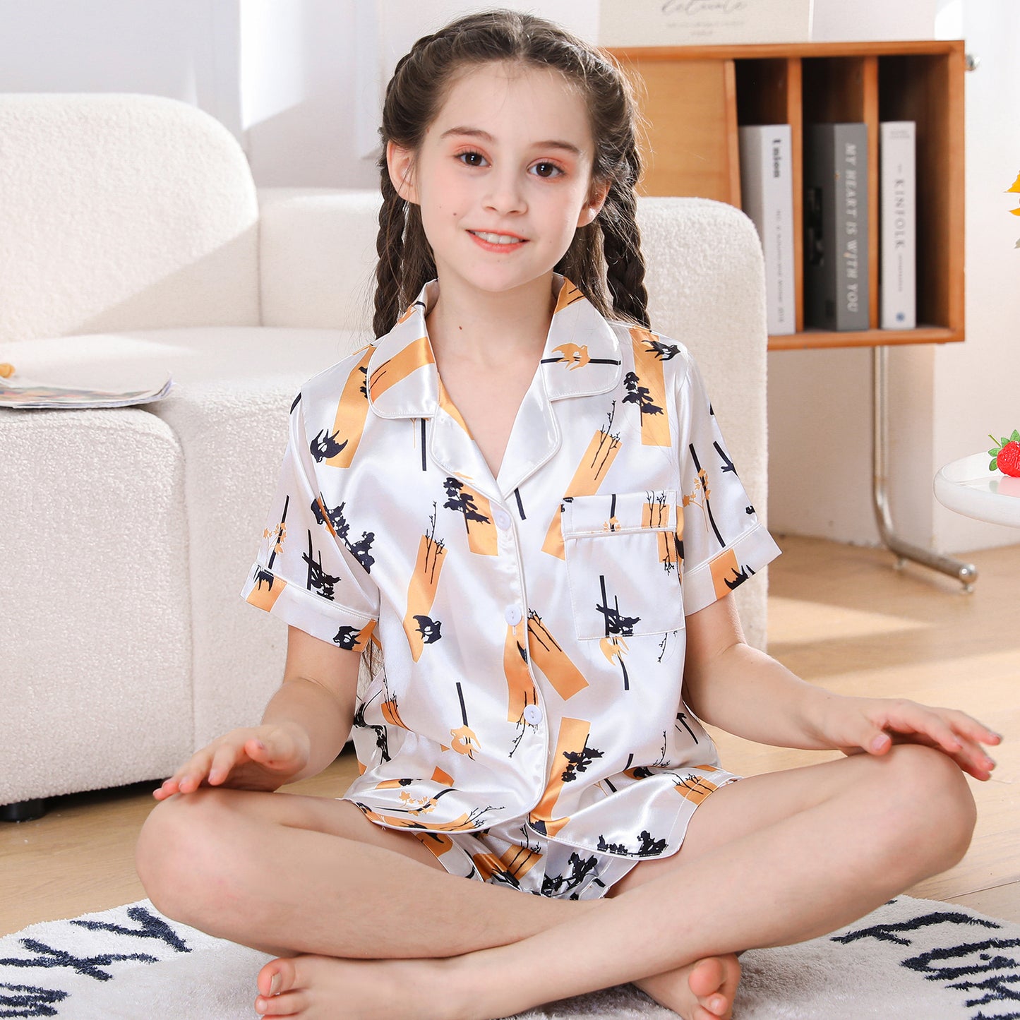 children's Satin Pajamas Set Short Sleeve & Short pants Sleepwear with Pockets-KJ426T-130