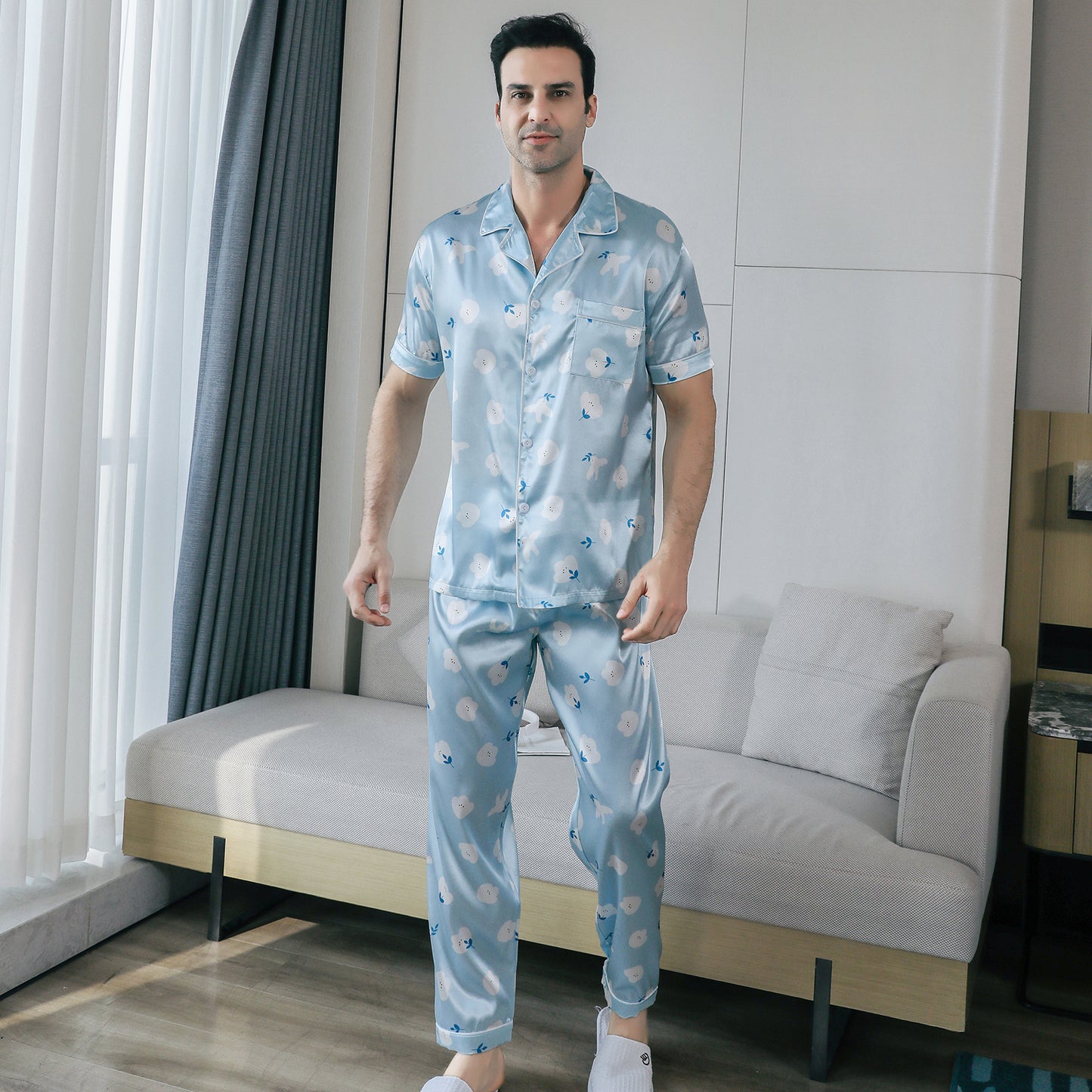 Mens Pajama Set Short Sleeve Sleepwear Silky Loungewear with Long Pants-KJ5023-M