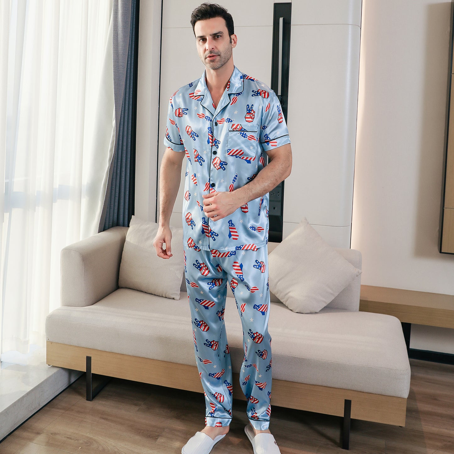 Men's Classic Silk Pajama Set Short Top & Long Pants Button Loungewear-KJ5048-M