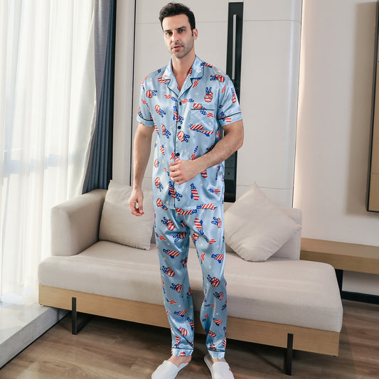 Men's Classic Silk Pajama Set Short Top & Long Pants Button Loungewear-KJ5048-M