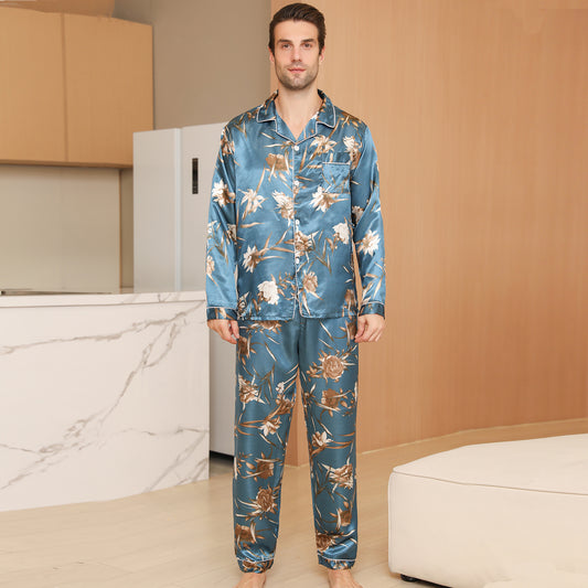 Men Satin Pajamas Set Long Sleeve & Long Pants Sleepwear with Pockets-KJ2034-M