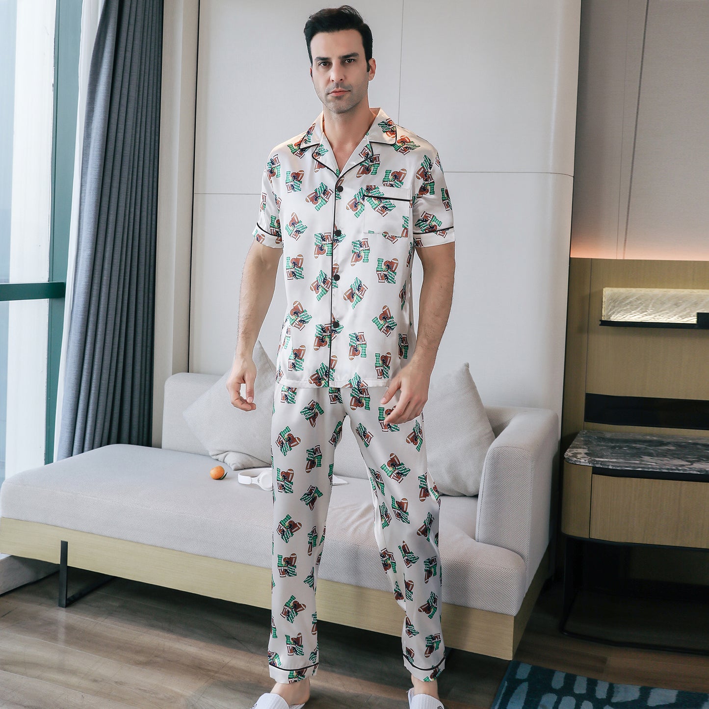 Mens Silky Pajamas Set Short Sleeve Top and Long pants Nightwear-KJ5008-M