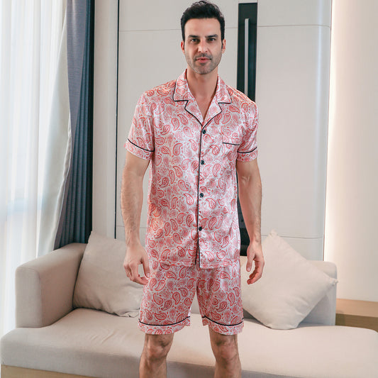 Men's  Silk Pajama Set Short Top & short Pants  Loungewear-KJ4053-M