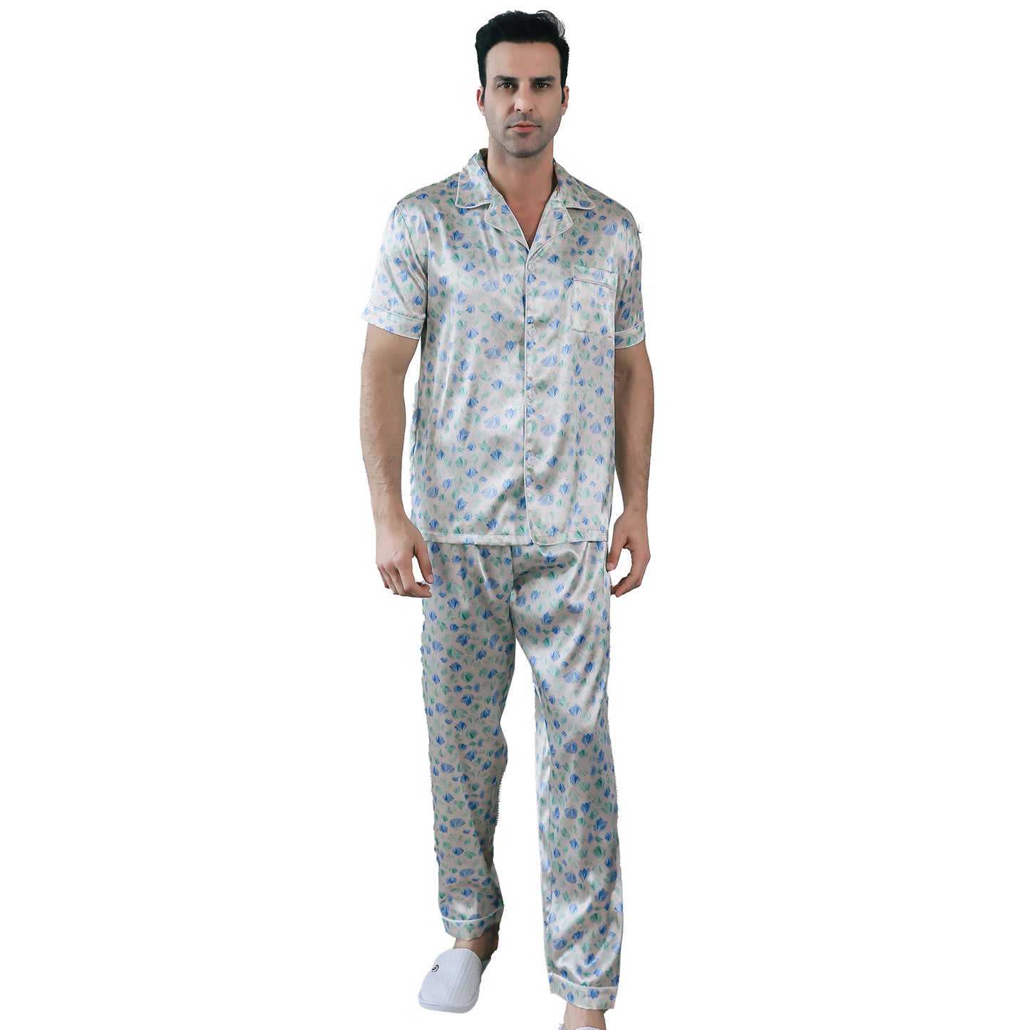 Men's Silky Satin Pajama Set Short Top Classic Sleepwear with Long Pants-KJ5017-M