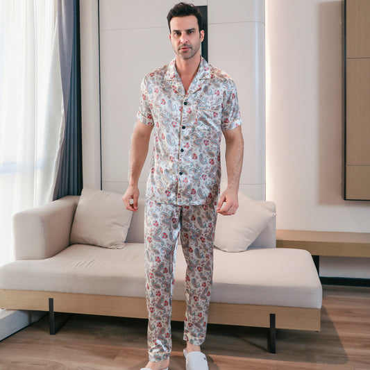 Men's Classic Silk Pajama Set Short Top & Long Pants Button Loungewear-KJ5052-M