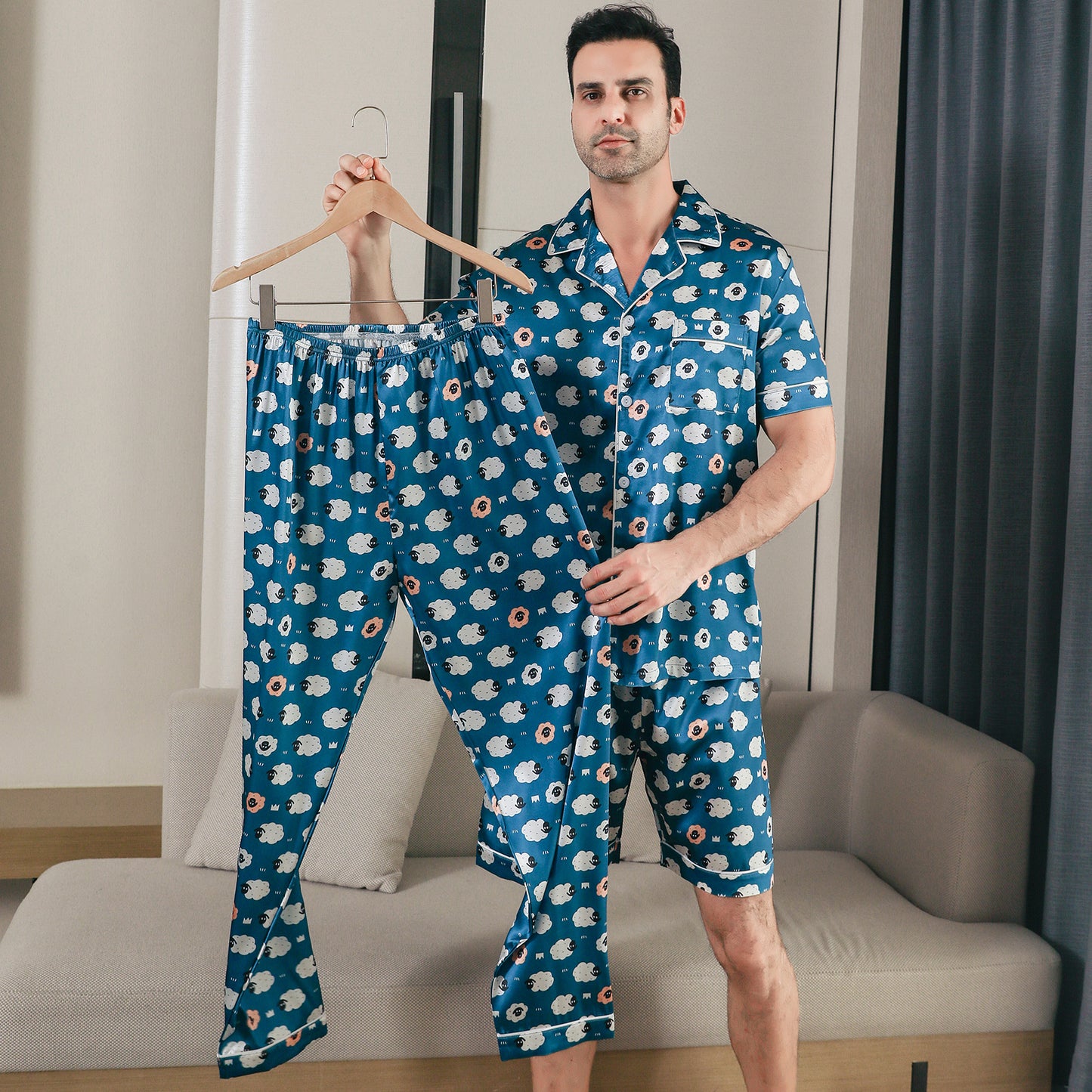 Men Satin Pajamas Set 3 Pieces multicolor Sleepwear with Pockets-KJ6043-M