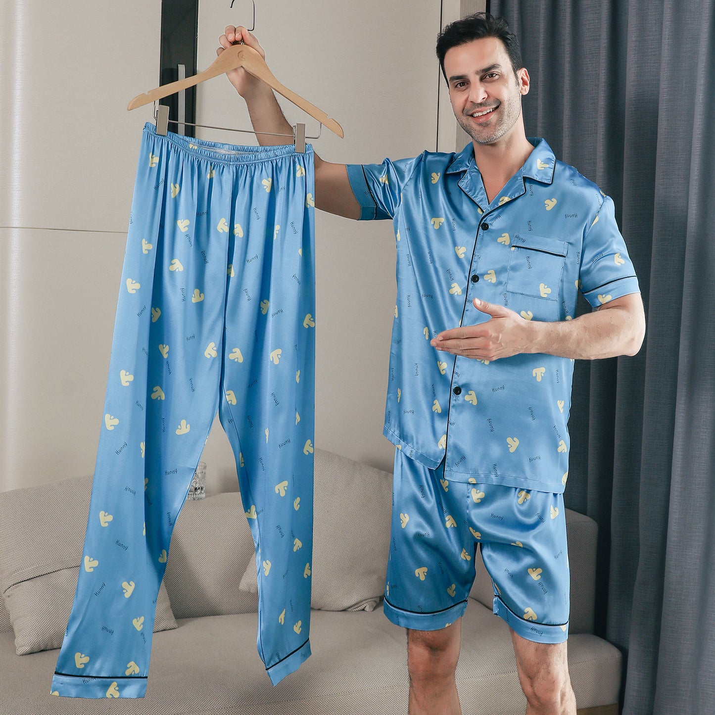 Men Satin Pajamas Set 3 Pieces multicolor Sleepwear with Pockets-KJ6033-M