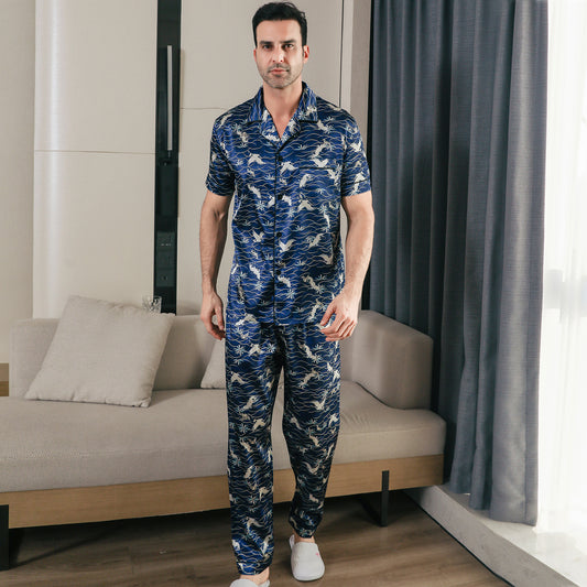 Men's Classic Silk Pajama Set Short Top & Long Pants Button Loungewear-KJ5045-M