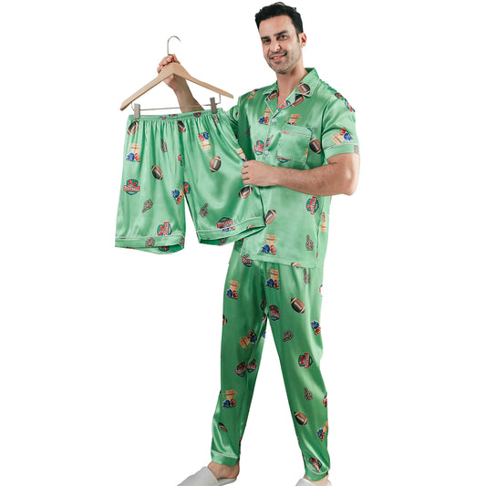 Men Satin Pajamas Set 3 Pieces multicolor Sleepwear with Pockets-KJ6042-M