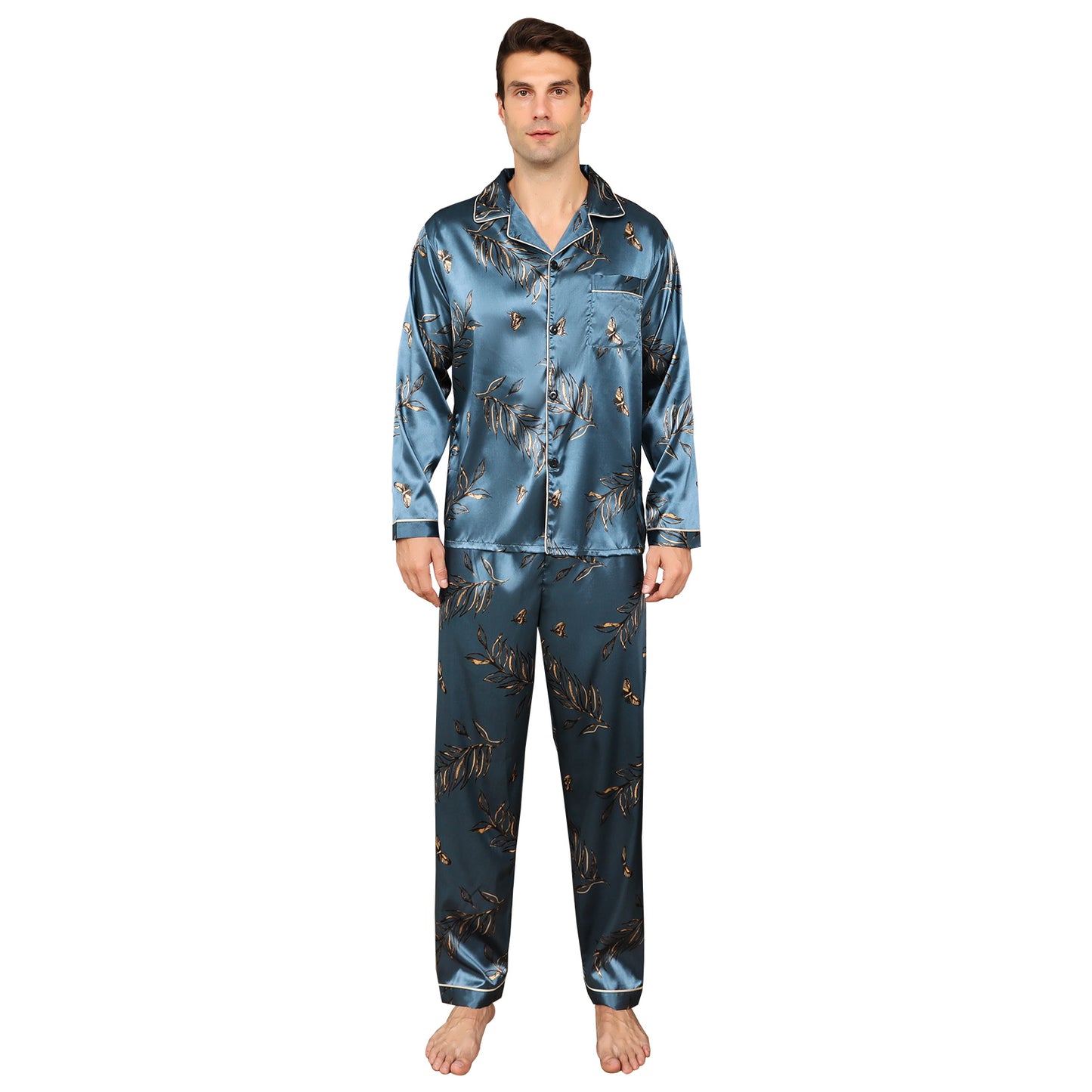 Men's Silky Satin Pajama Set Long Top Classic Sleepwear with Long Pants-KJ2014-M