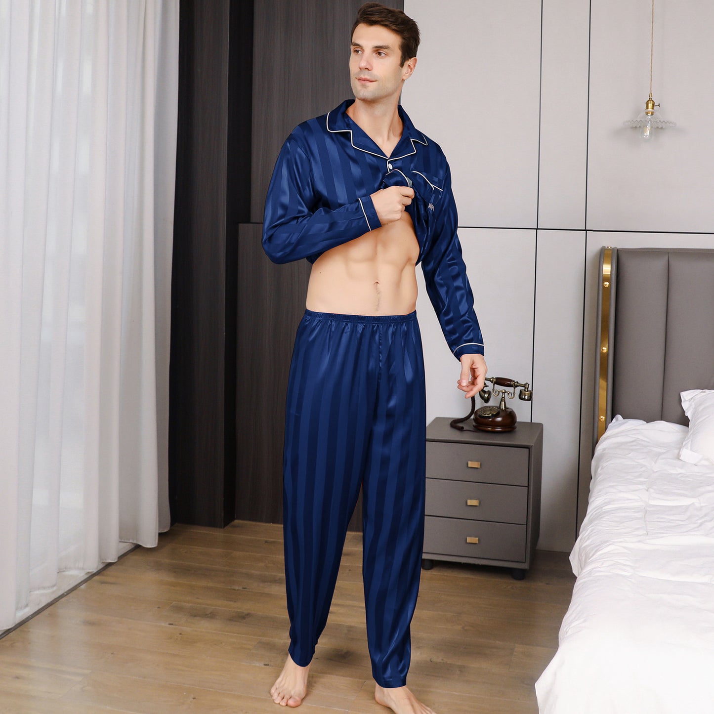 Men's Silky Satin Pajama Set Long Top Classic Sleepwear with Long Pants-KJ2025-M