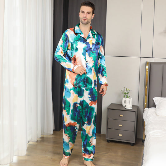 Mens Pajama Set Long Sleeve Sleepwear Silky Loungewear with Long Pants-KJ2026-M