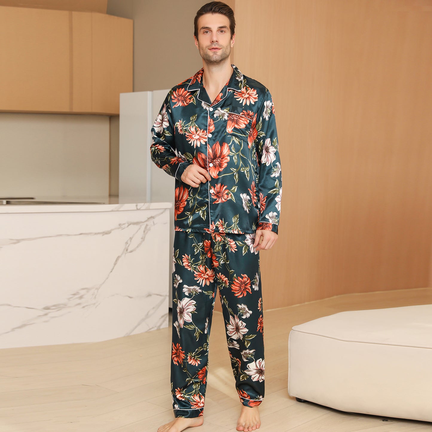 Men Satin Pajamas Set Long Sleeve & Long Pants Sleepwear with Pockets-KJ2032-M