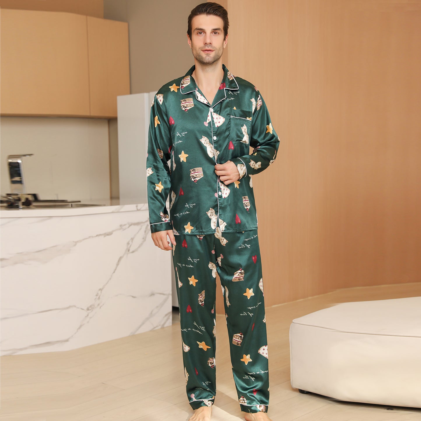 Men Satin Pajamas Set Long Sleeve & Long Pants Sleepwear with Pockets-KJ2036-M