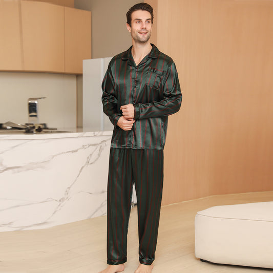 Men Satin Pajamas Set Long Sleeve & Long Pants Sleepwear with Pockets-KJ2037-M