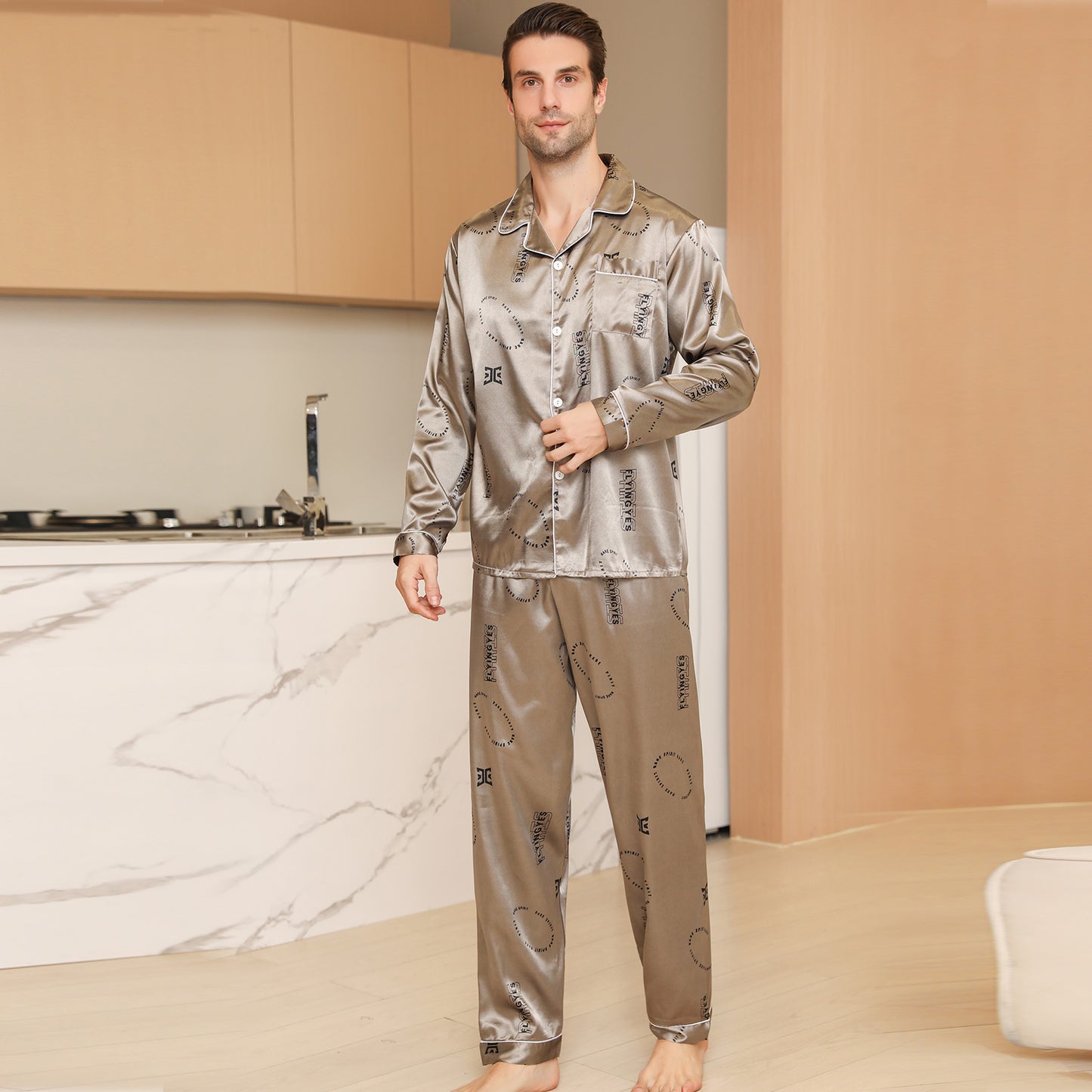 Men Satin Pajamas Set Long Sleeve & Long Pants Sleepwear with Pockets-KJ2038-M