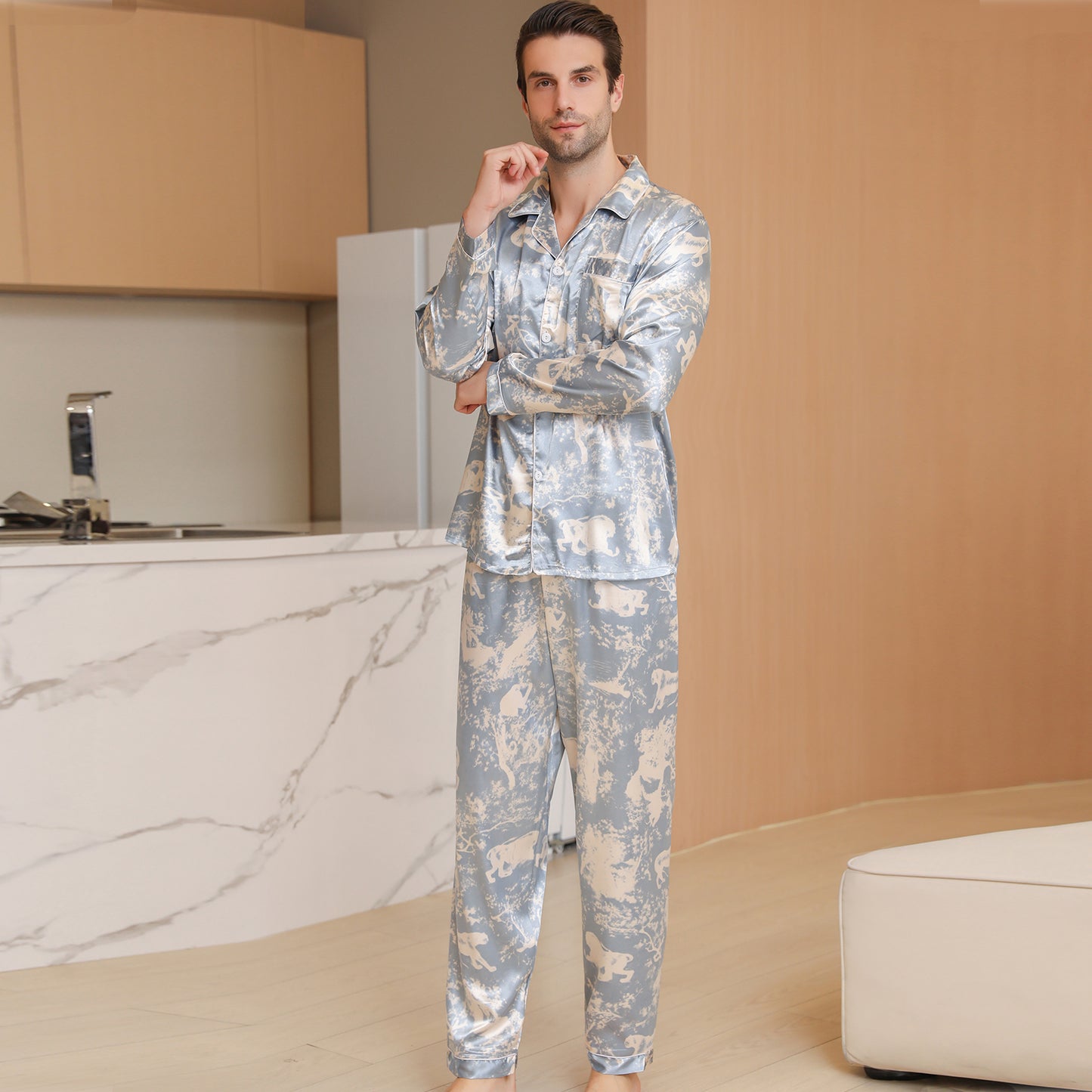 Men Satin Pajamas Set Long Sleeve & Long Pants Sleepwear with Pockets-KJ2039-M