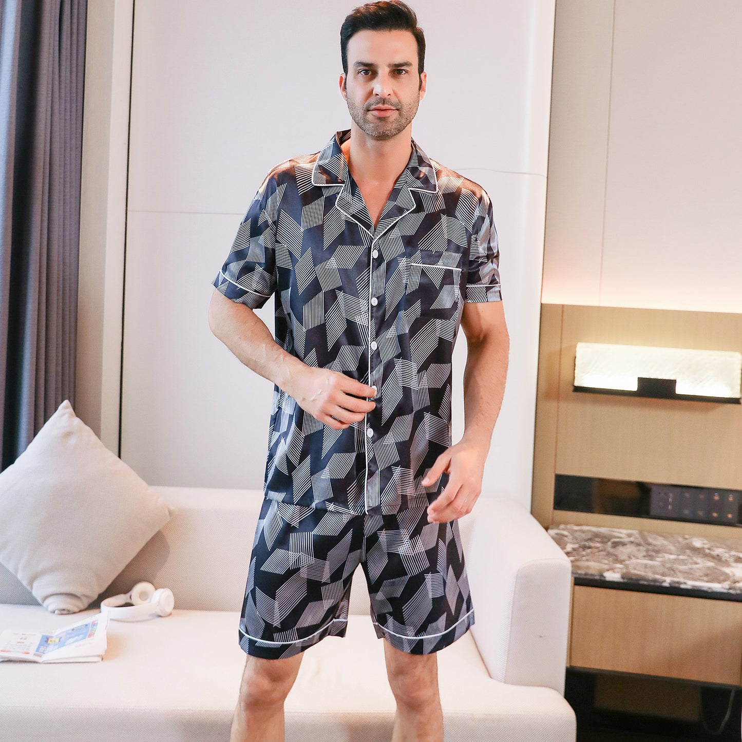 Mens Silky Pajamas Set 3 Pieces Nightwear-KJ6002-M