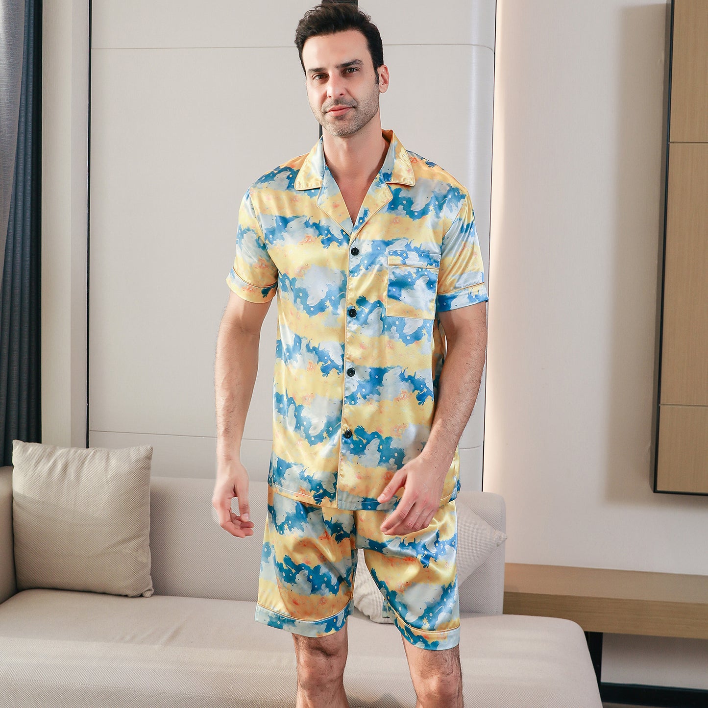 Men's Silk Pajama Set 3 Pieces Loungewear-KJ6047-M