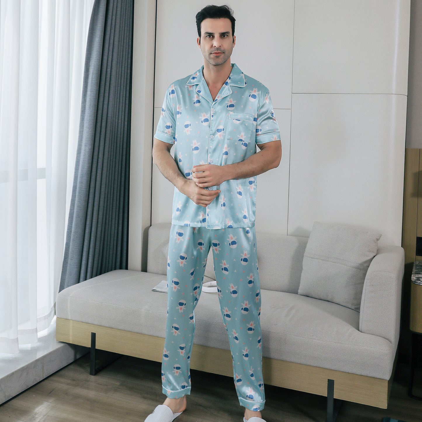 Mens Pajama Set Short Sleeve Sleepwear Silky Loungewear with Long Pants-KJ5026-M