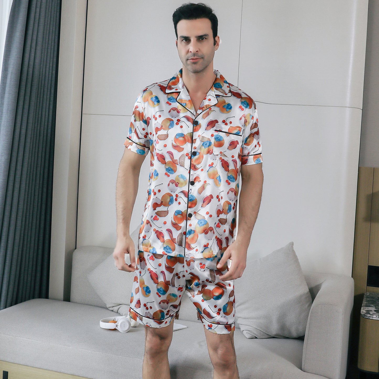 Men's Satin Pajama Set 3 Pieces Classic Sleepwear-KJ6018-M