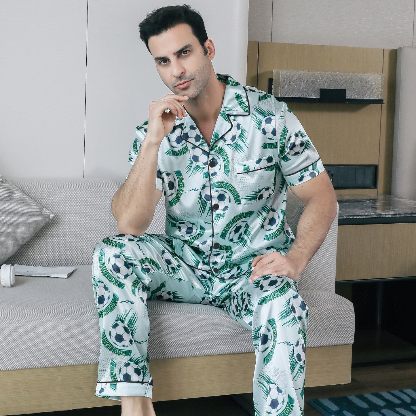 Mens Pajama Set Short Sleeve Sleepwear Silky Loungewear with Long Pants-KJ5021-M