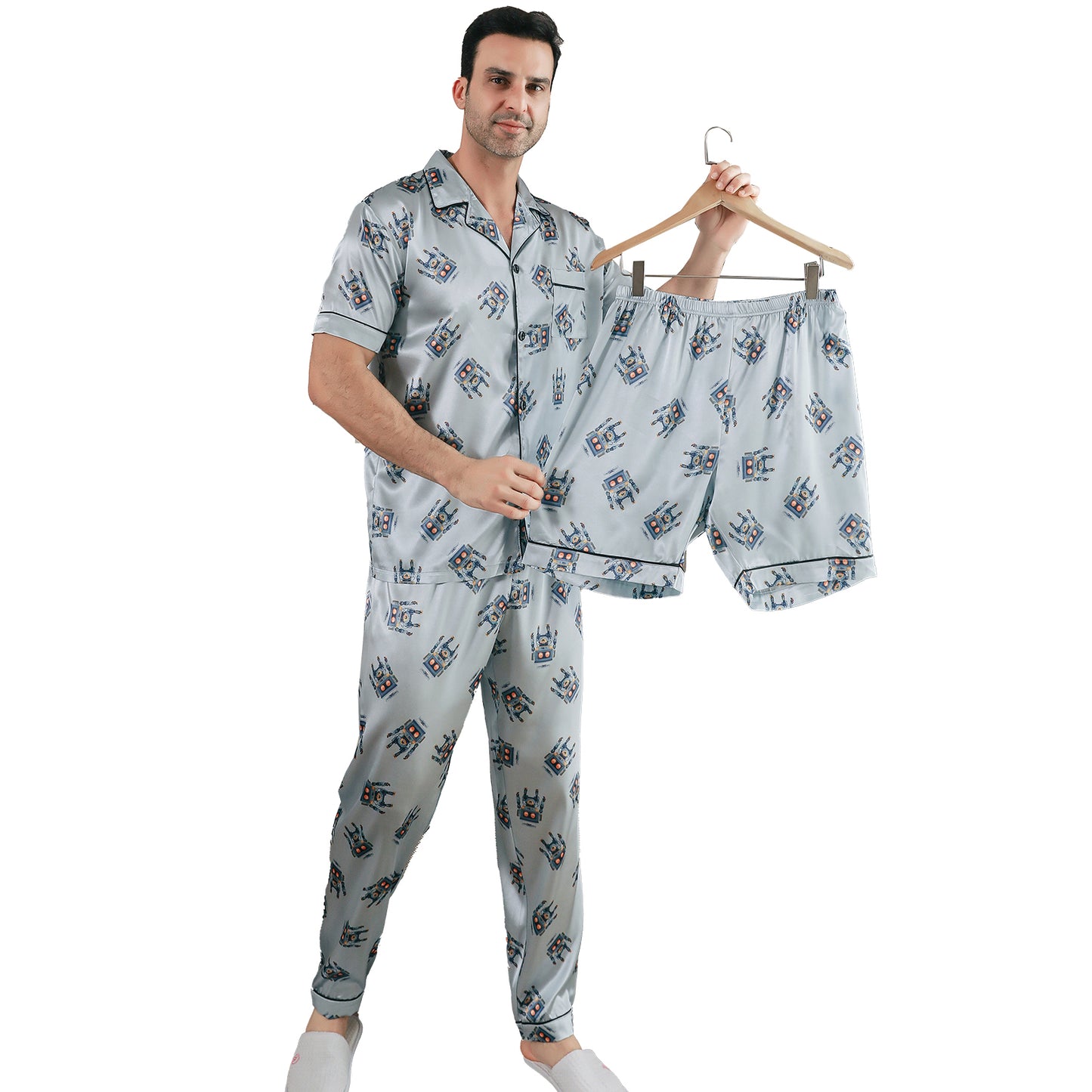 Men Satin Pajamas Set 3 Pieces multicolor Sleepwear with Pockets-KJ6036-M