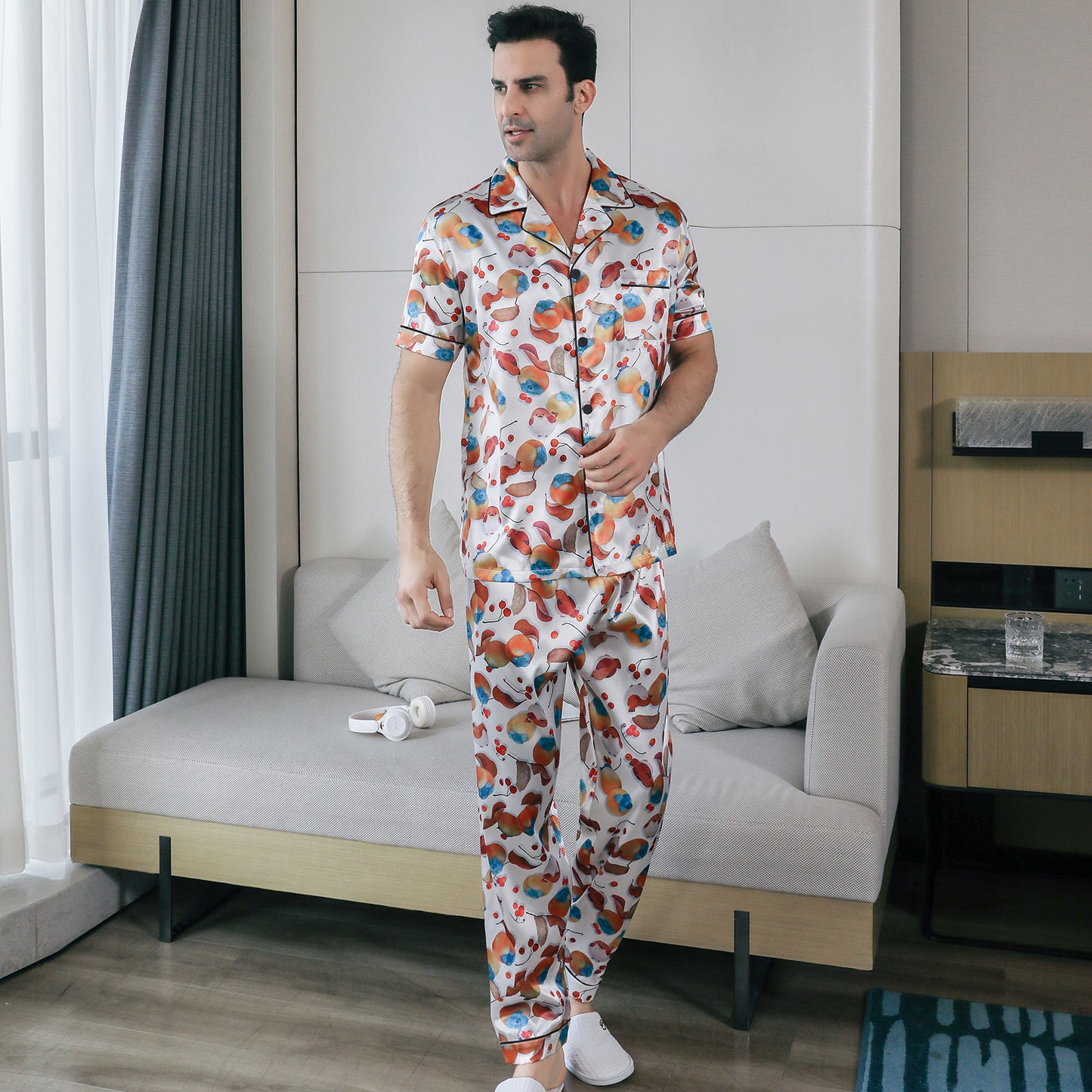 Men's Satin Pajama Set 3 Pieces Classic Sleepwear-KJ6018-M