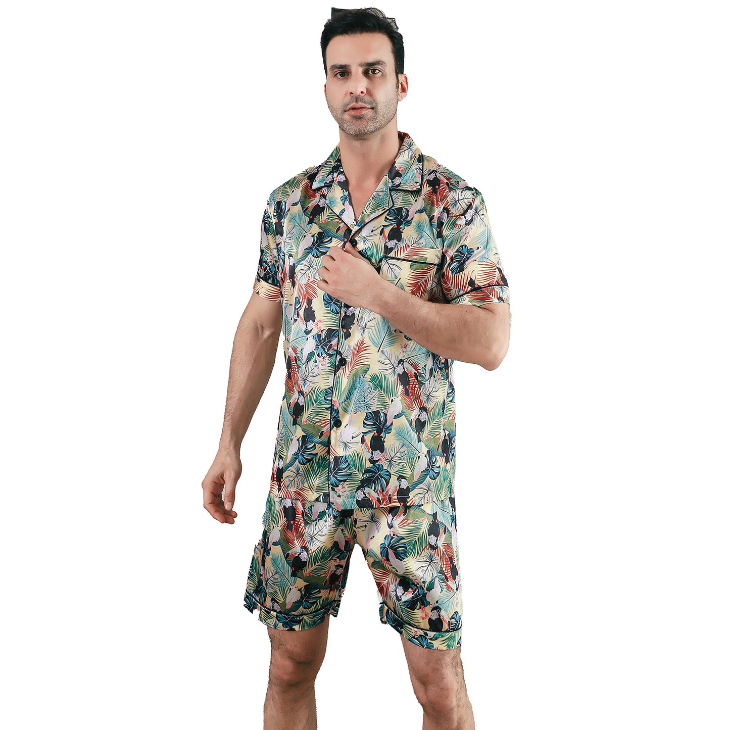 Men Satin Pajamas Set 3 Pieces multicolor Sleepwear with Pockets-KJ6040-M