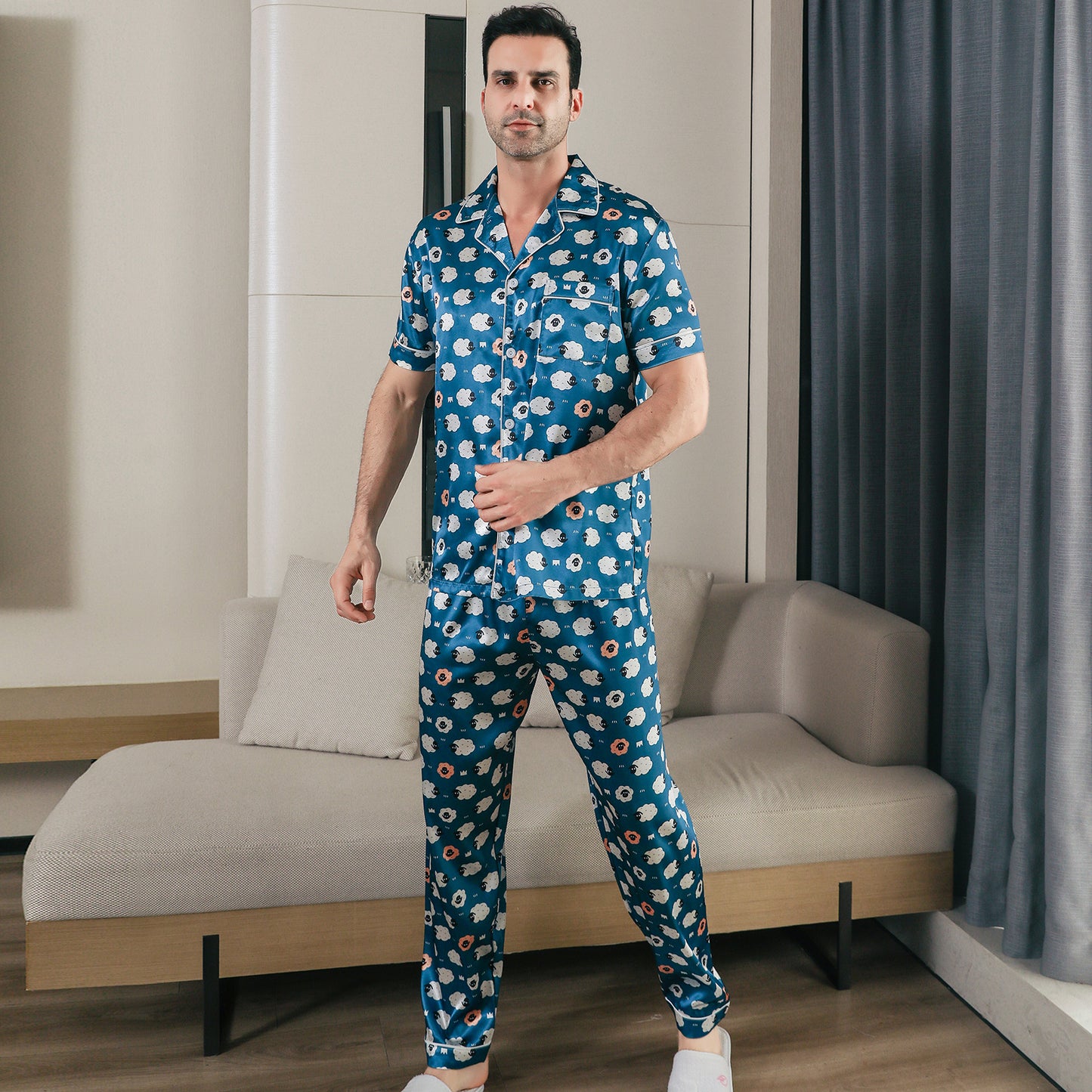 Men Satin Pajamas Set 3 Pieces multicolor Sleepwear with Pockets-KJ6043-M