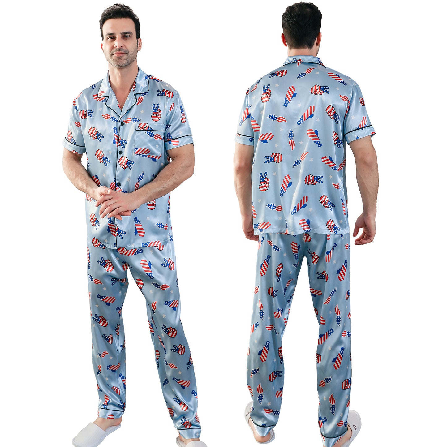 Men's Classic Silk Pajama Set Short Top & Long Pants Button Loungewear-KJ5048-M