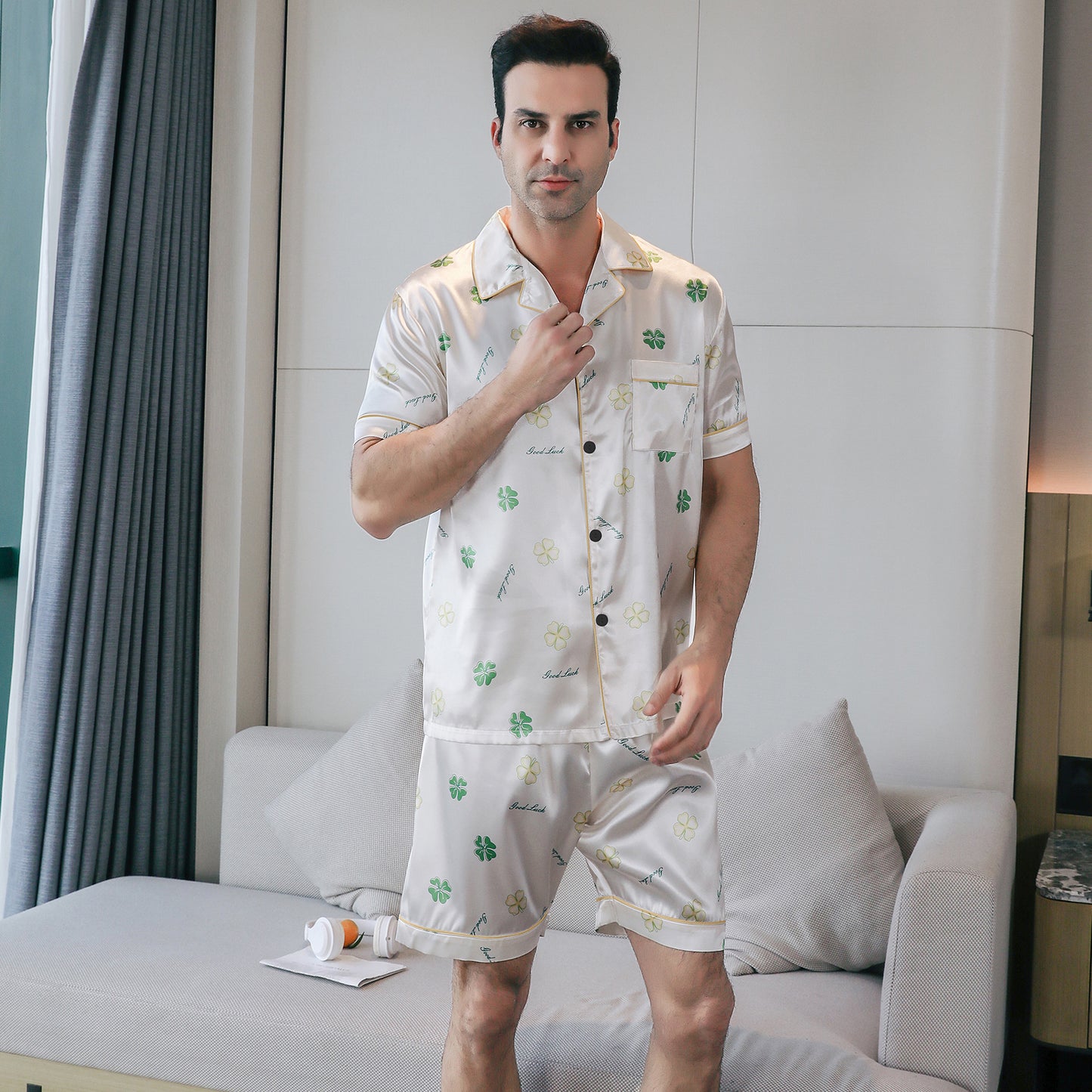 Mens Silky Pajamas Set Short Top & short pants Nightwear-KJ4006-M