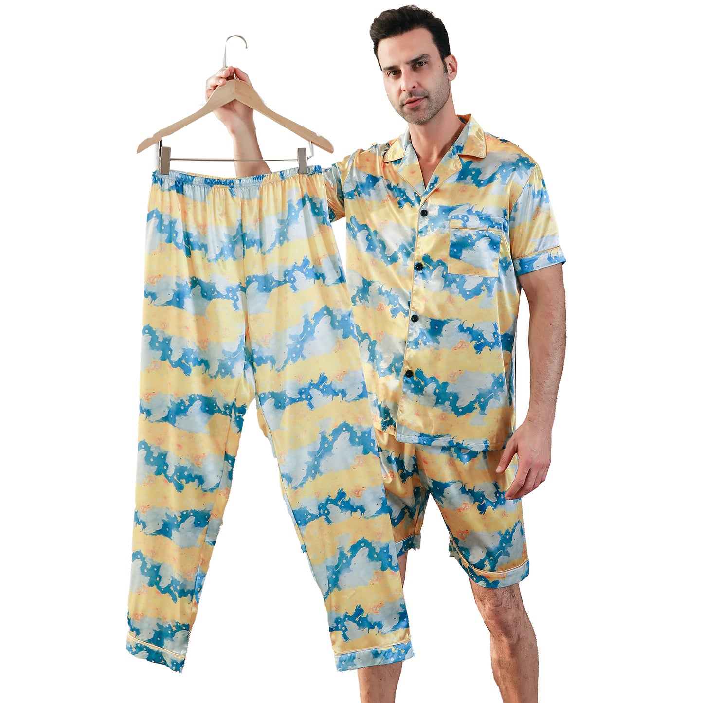 Men's Silk Pajama Set 3 Pieces Loungewear-KJ6047-M