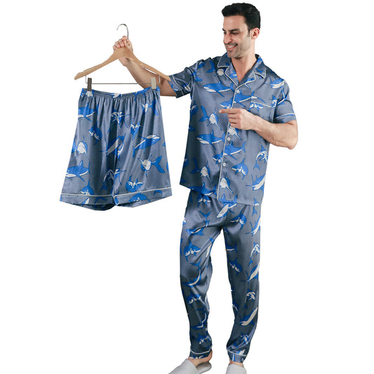 Men Satin Pajamas Set 3 Pieces multicolor Sleepwear with Pockets-KJ6041-M