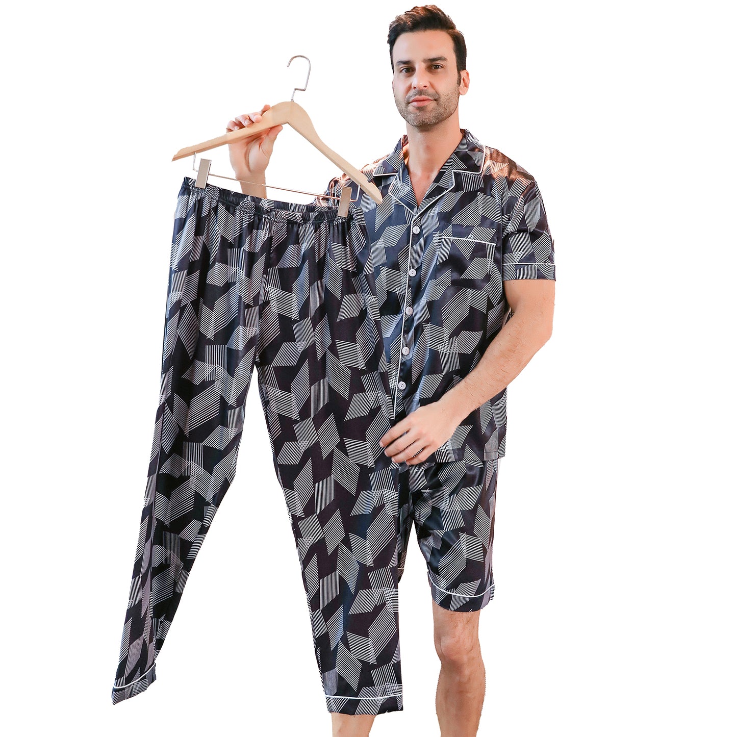 Mens Silky Pajamas Set 3 Pieces Nightwear-KJ6002-M