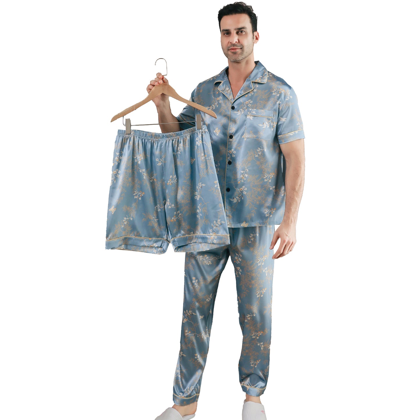 Men Satin Pajamas Set 3 Pieces multicolor Sleepwear with Pockets-KJ6039-M