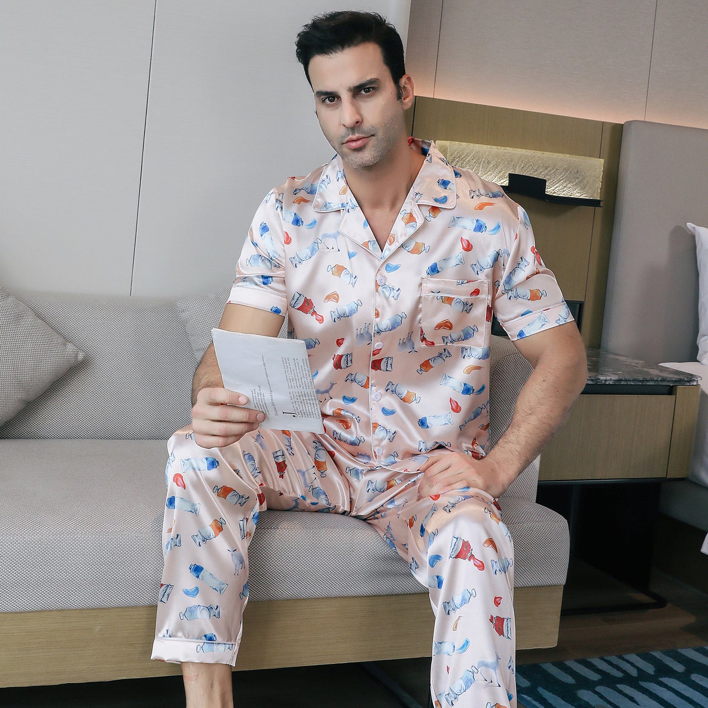 Men's Silky Satin Pajama Set Short Top Classic Sleepwear with Long Pants-KJ5013-M