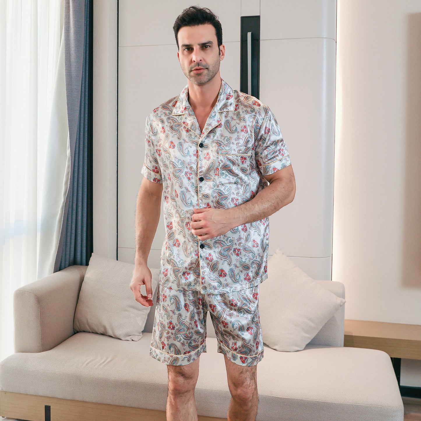 Men's Silk Pajama Set 3 Pieces Loungewear-KJ6052-M