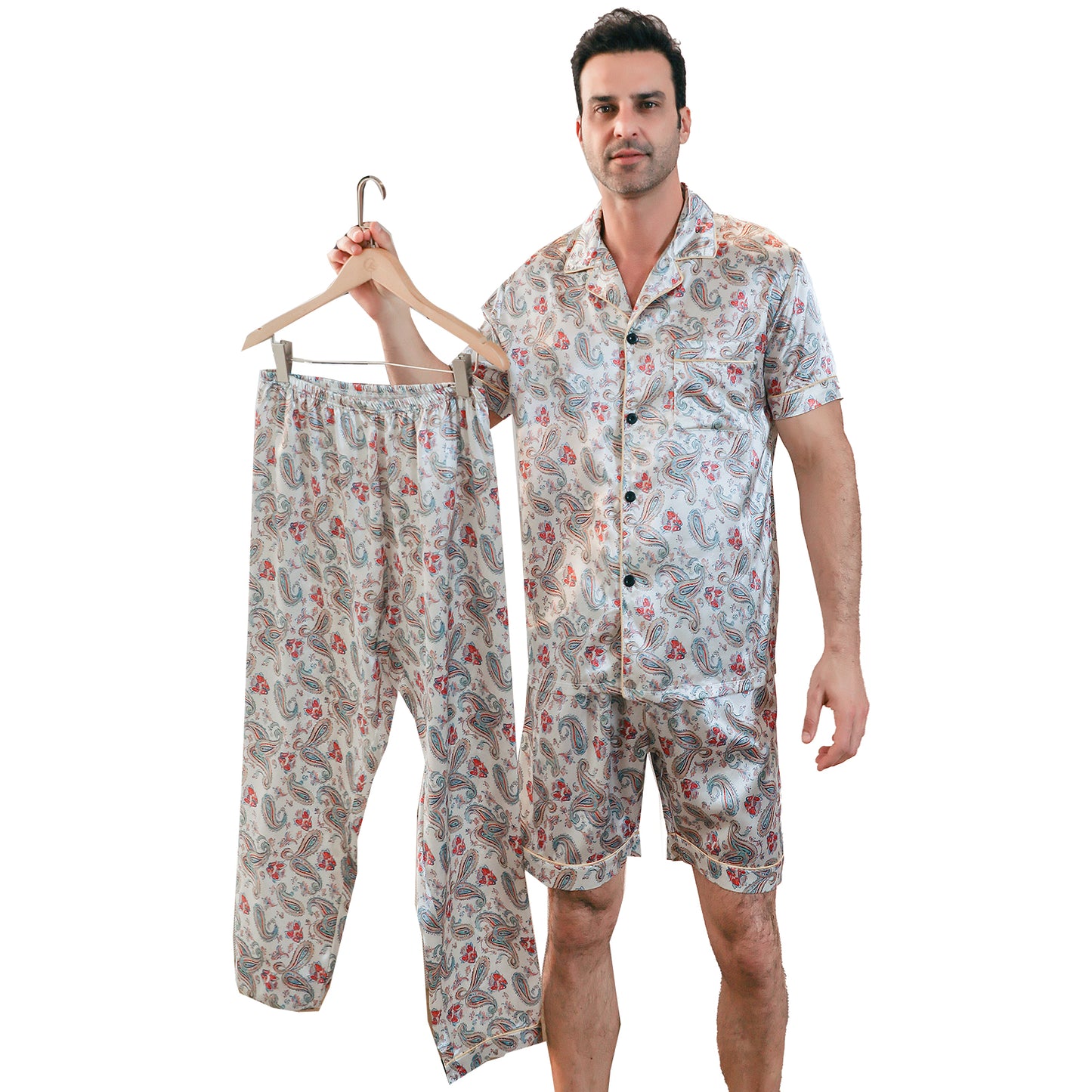 Men's Silk Pajama Set 3 Pieces Loungewear-KJ6052-M