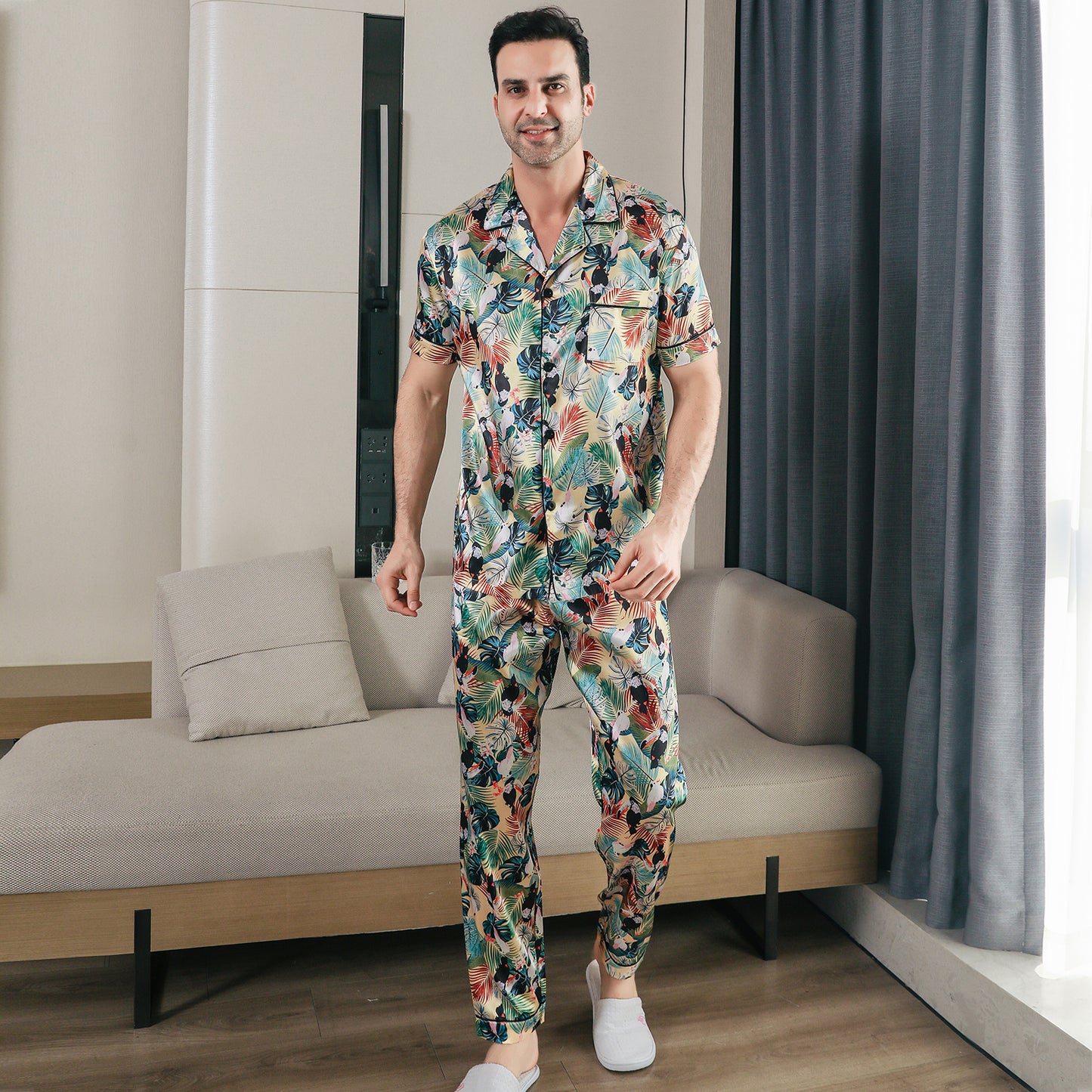 Men Satin Pajamas Set Short Sleeve & Long Pants Sleepwear with Pockets-KJ5040-M