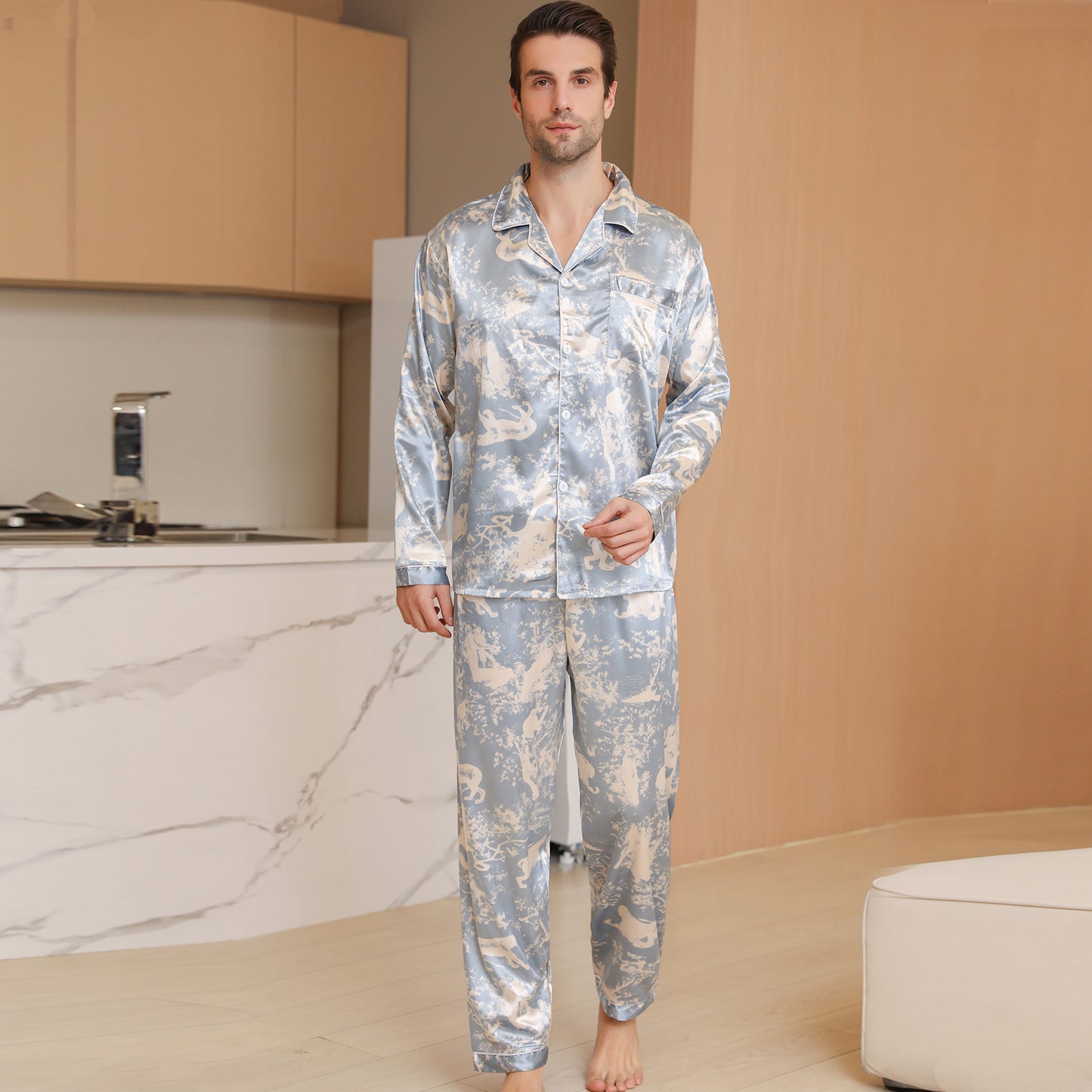 Men Satin Pajamas Set Long Sleeve & Long Pants Sleepwear with Pockets-KJ2039-M