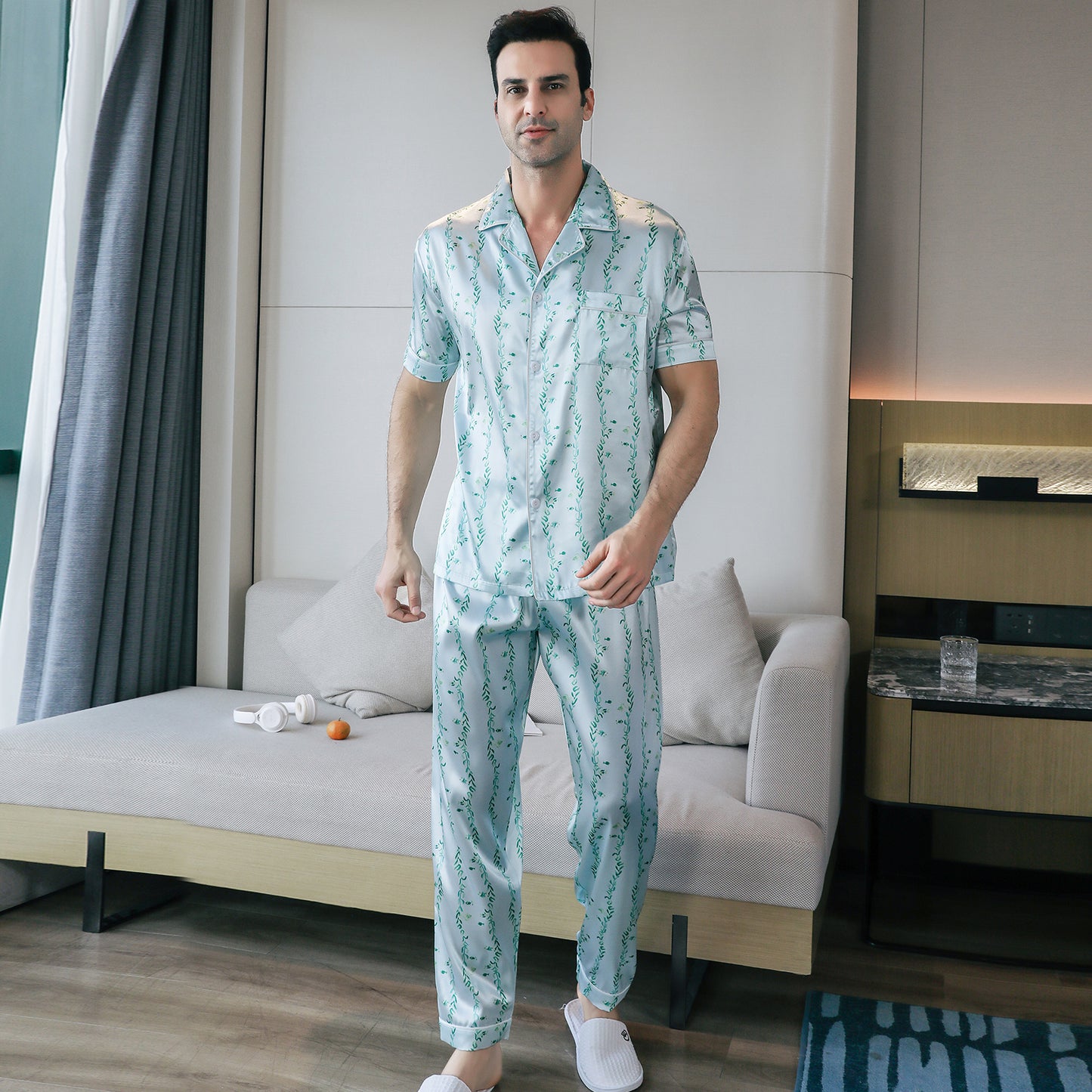 Men's Silky Satin Pajama Set Short Top Classic Sleepwear with Long Pants-KJ5012-M