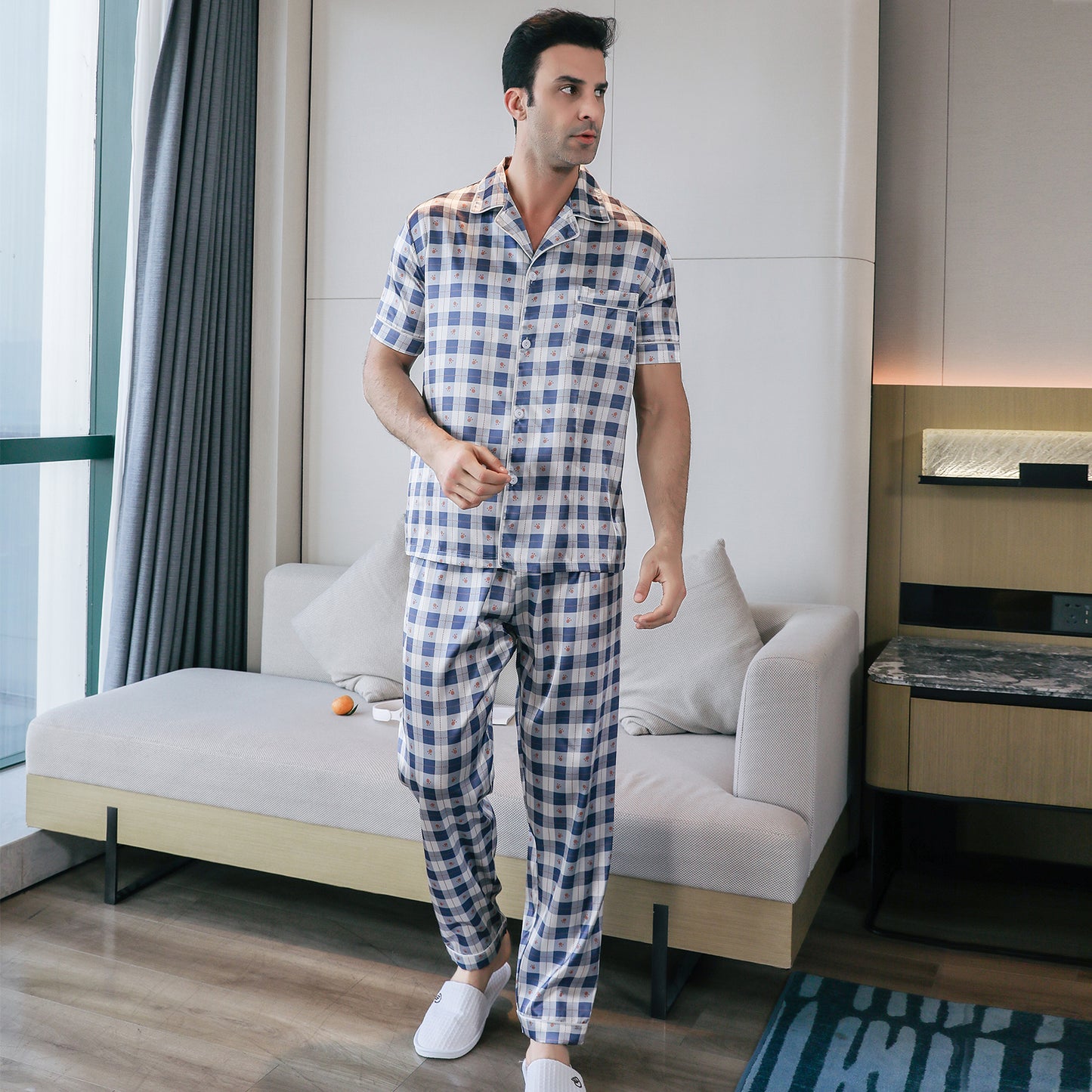 Mens Silky Pajamas Set Short Sleeve Top and Long pants Nightwear-KJ5007-M